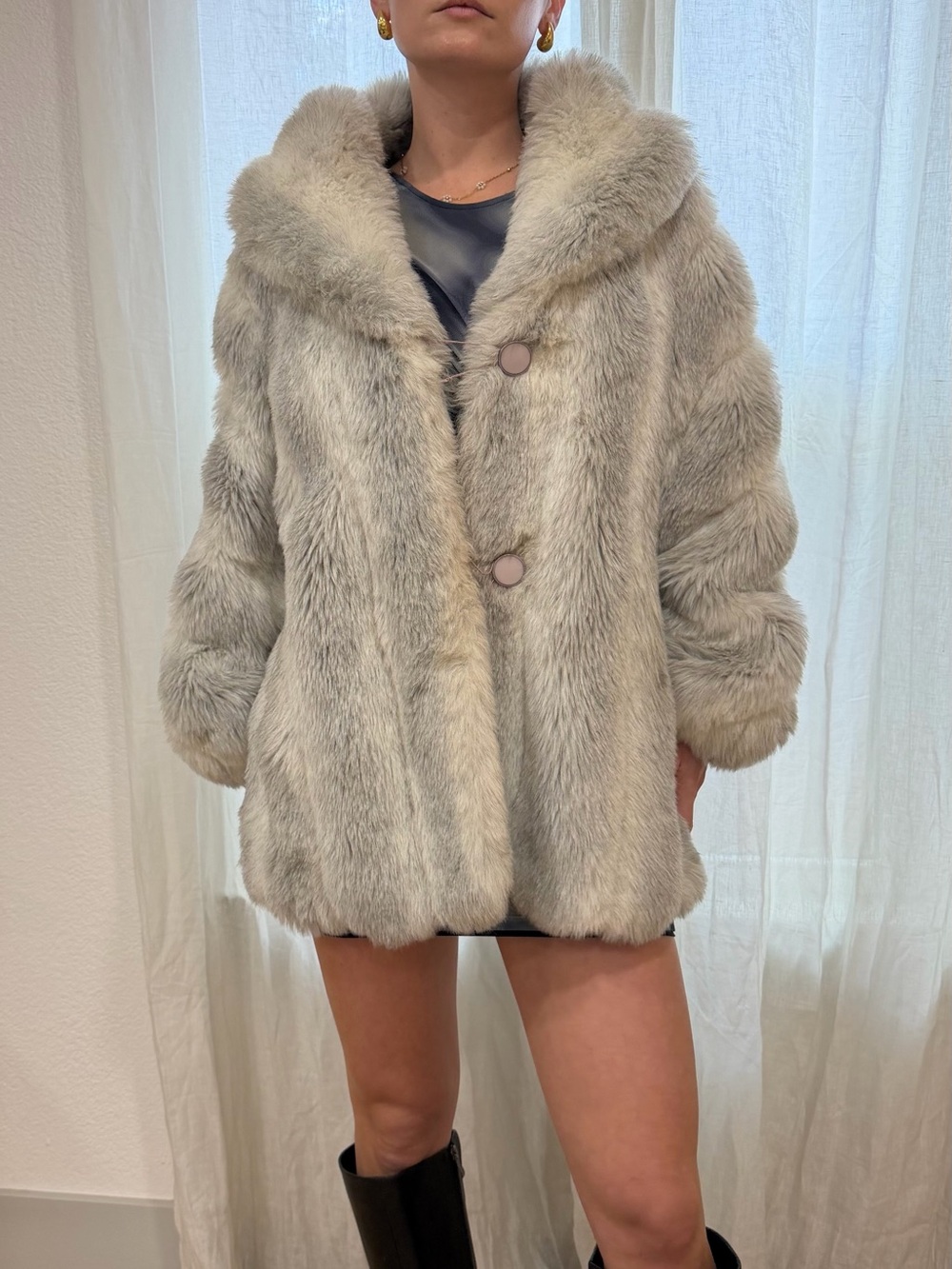 Vintage Country Pacer Gray Faux Fur Coat USA made M/L 60s 70s